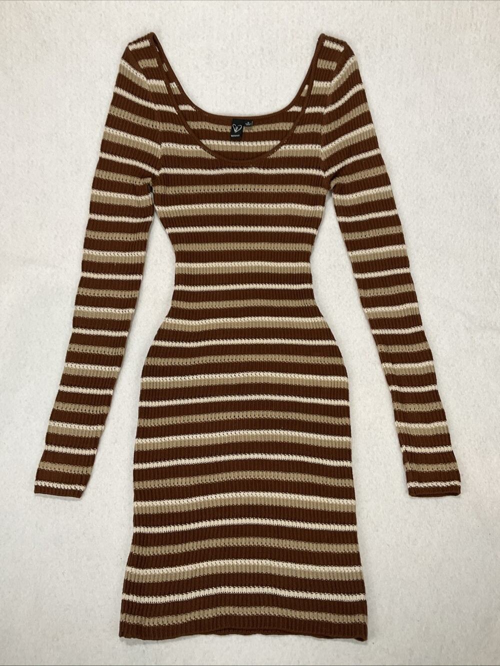 Windsor Brown Striped Sweater Dress Stretch Sexy Body Con Back Cut Out Sz M Y2K